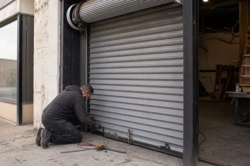 Person kneeling beside the bottom of a metal rolling door with tools on the ground — Commercial Rolling Door Repair, New Tecumseth