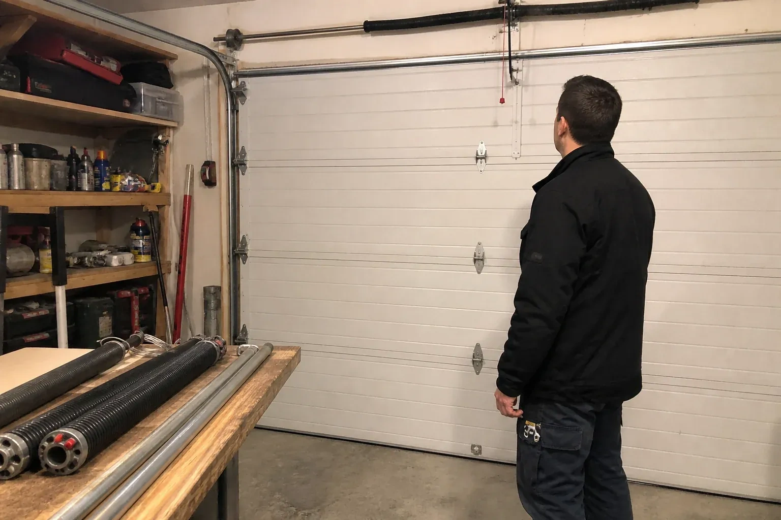 Illustrative garage doors scene; not an actual job — Extension Spring Replacement, New Tecumseth