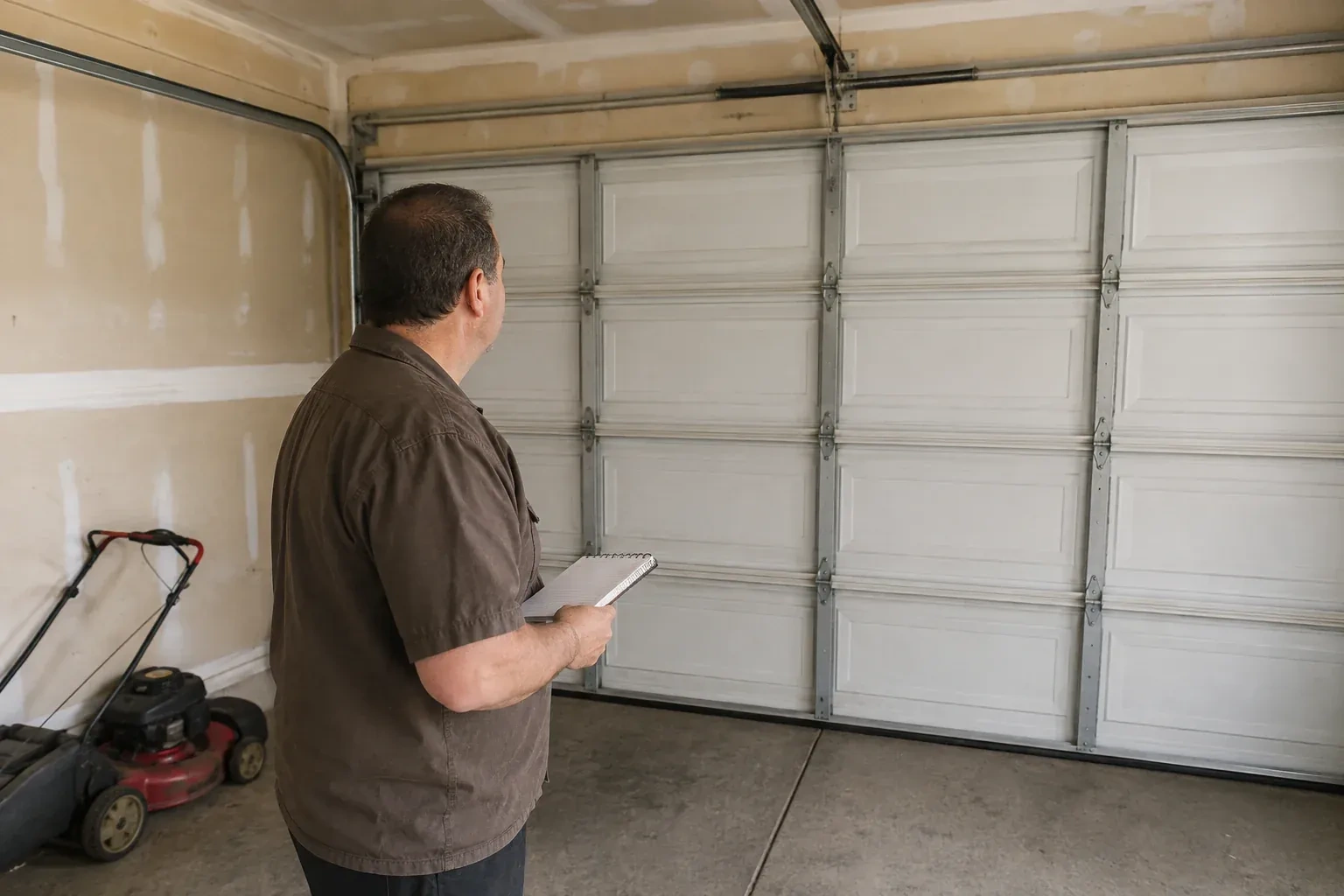 Technician holding a notebook while looking at a closed sectional door. — Garage Door Balance Adjustment, New Tecumseth