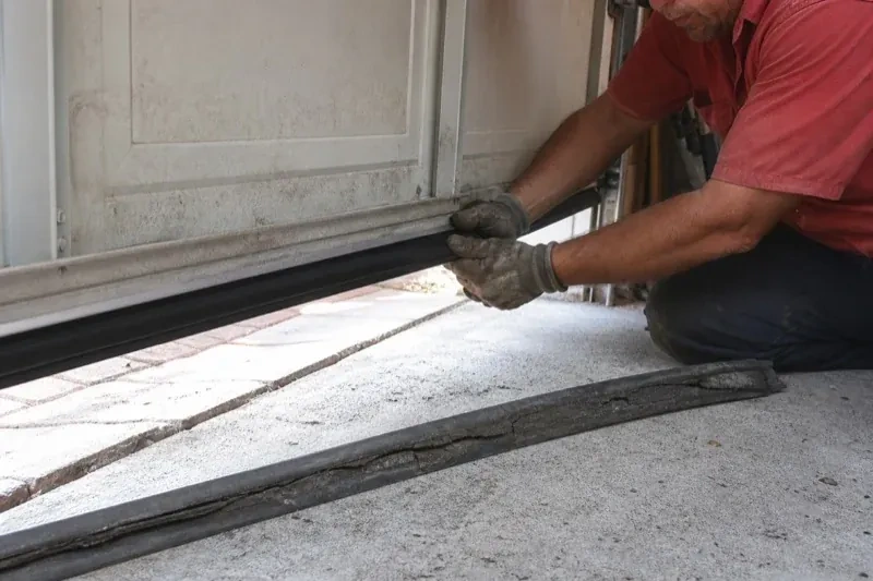 Person fitting a black strip along the bottom edge of a partly raised garage door, with a cracked strip lying on the floor. — Garage Door Bottom Seal Replacement, New Tecumseth