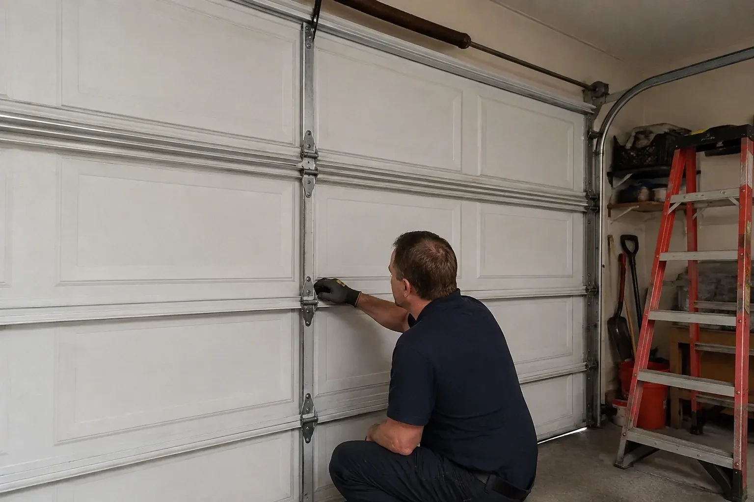 A person examines a central hinge joining two sections of a closed garage door. — Garage Door Hinge Replacement, New Tecumseth