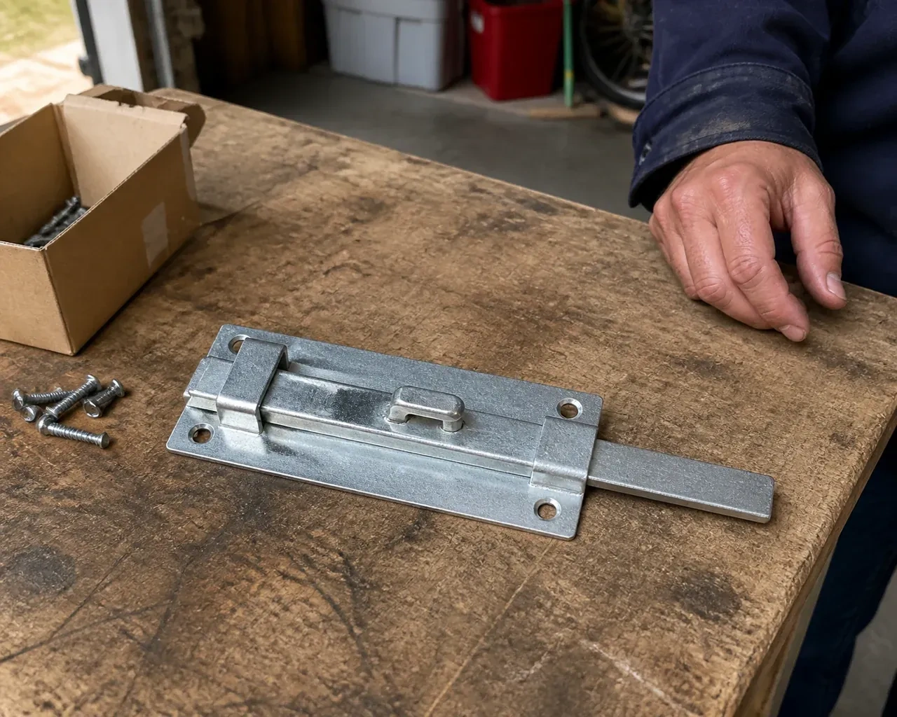 A detached metal slide bolt with mounting holes and retaining guides rests beside screws on a workbench. — Garage Door Manual Lock Repair, New Tecumseth