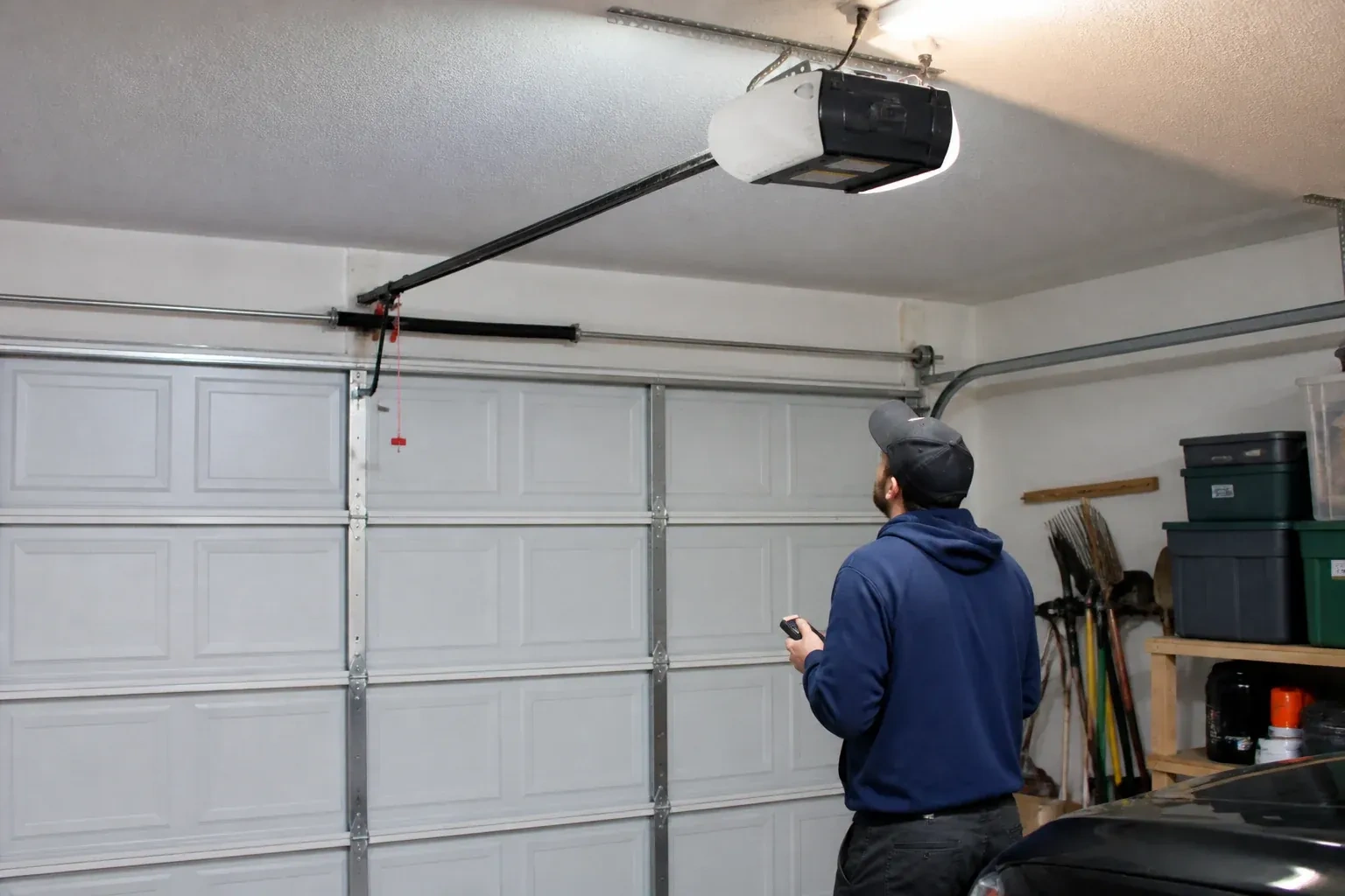 A person holding a remote looks toward an overhead garage-door opener and rail. — Garage Door Opener Diagnosis and Repair, New Tecumseth