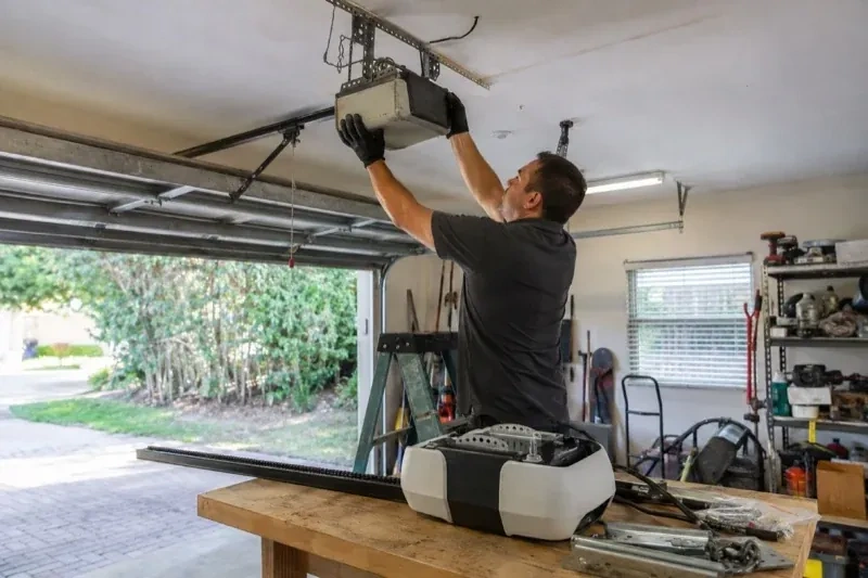 Person holding an overhead garage-door opener beside another opener and hardware on a workbench — Garage Door Opener Replacement, New Tecumseth