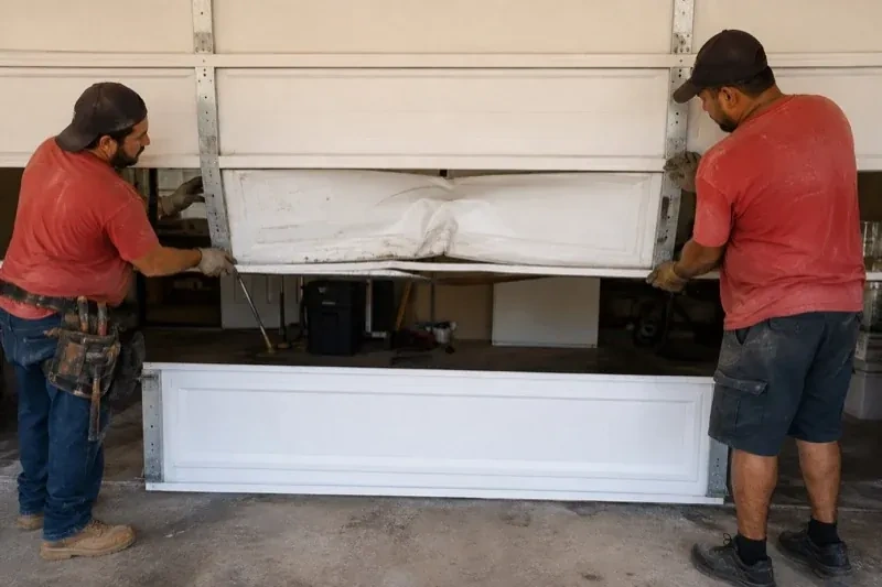 Two people holding a dented lower garage-door section above a separate white panel resting on the ground. — Garage Door Panel Replacement, New Tecumseth