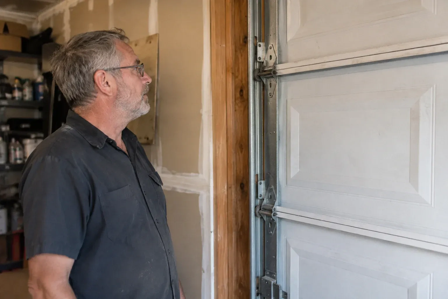 Technician looking at vertical garage door track and edge hinges. — Garage Door Track Repair or Replacement, New Tecumseth