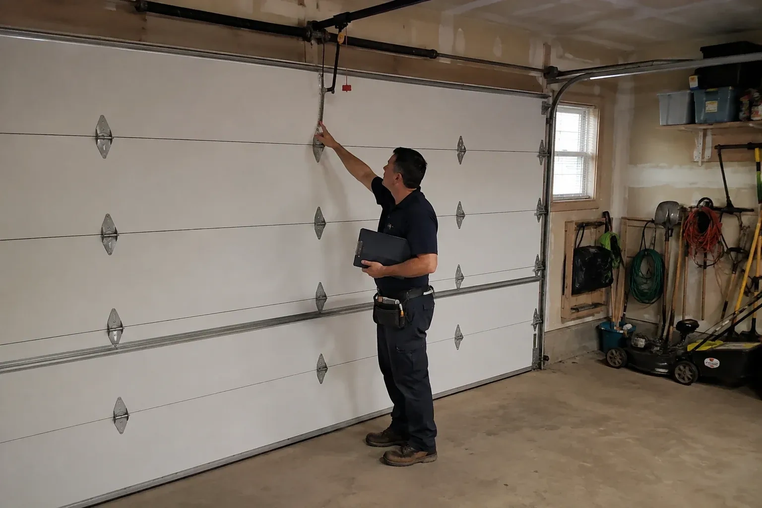 A person holding a clipboard examines the interior hardware of a closed garage door. — Garage Door Tune-Up, New Tecumseth