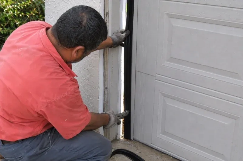 Gloved person holding a black strip along the side of a sectional garage-door opening — Garage Door Perimeter Weatherstrip, New Tecumseth