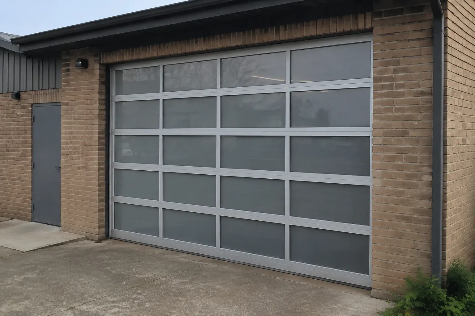 Closed glazed sectional door in a grey metal frame at a brick workshop. — Full-View Glass Garage Door Installation, New Tecumseth