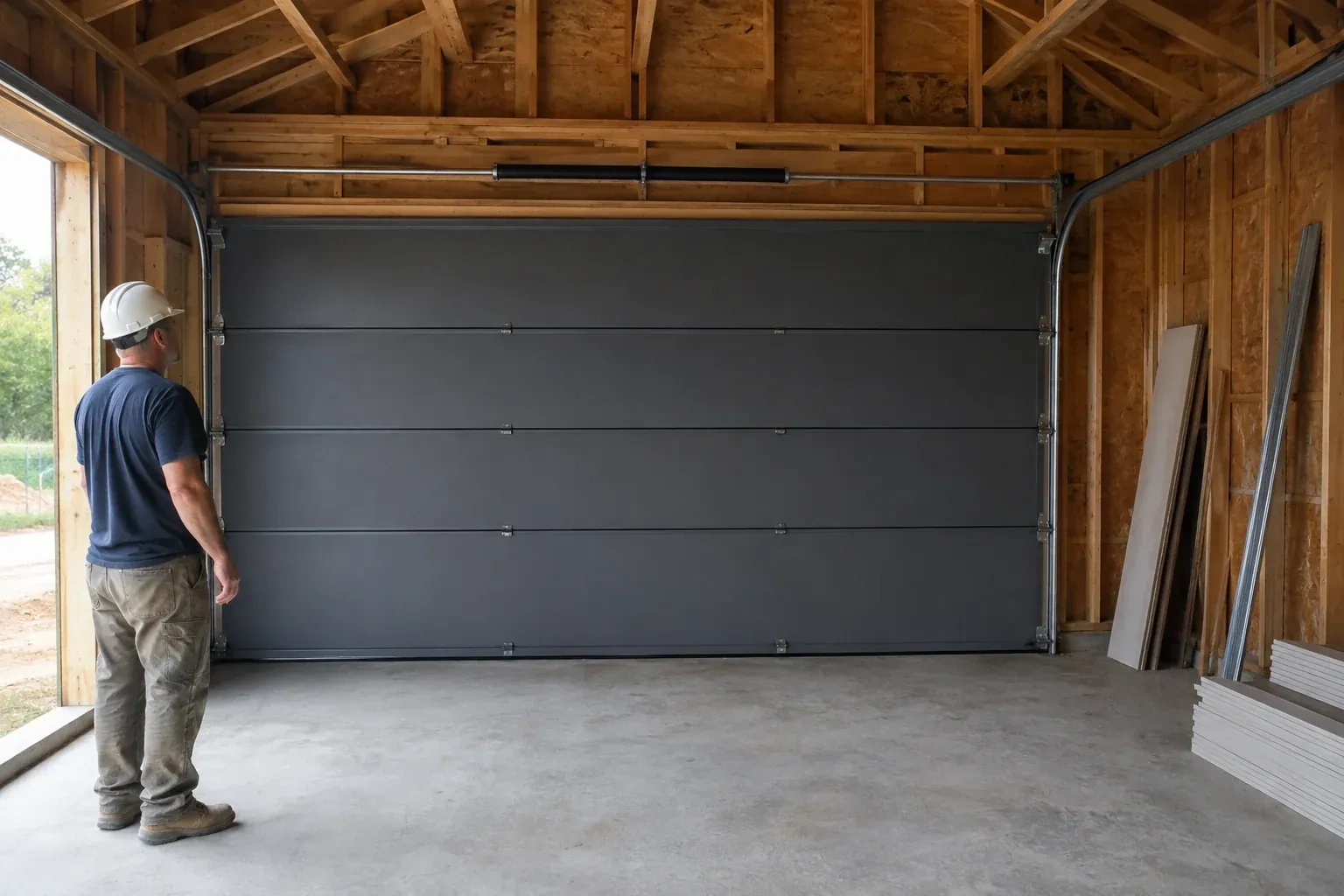 A person wearing a hard hat stands beside a dark sectional door in an unfinished timber-framed garage. — New-Construction Garage Door Installation, New Tecumseth