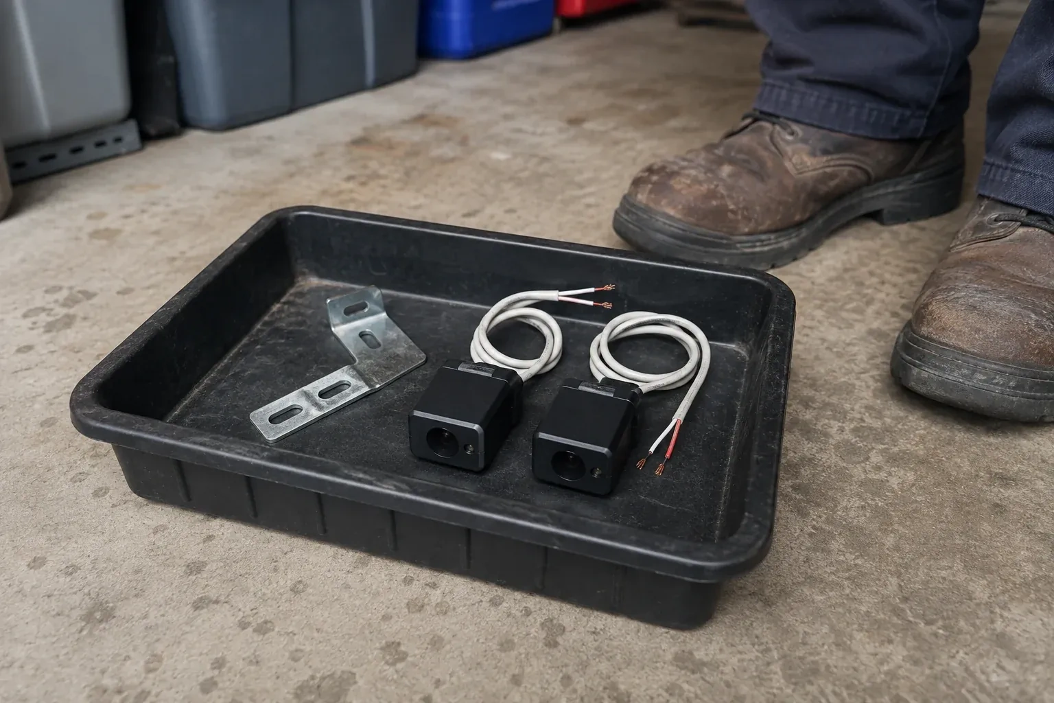 Two detached black sensors with recessed lenses and coiled wires lie in a tray beside a mounting bracket. — Photo-Eye Sensor Alignment or Replacement, New Tecumseth