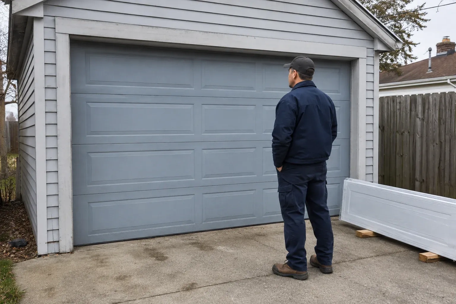 A person examines a blue-grey sectional garage door with a packaged door panel resting beside the driveway. — Sectional Garage Door Replacement, New Tecumseth