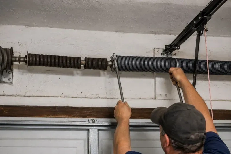 Person holding metal bars beside exposed coiled springs above a garage door. — Torsion Spring Replacement, New Tecumseth